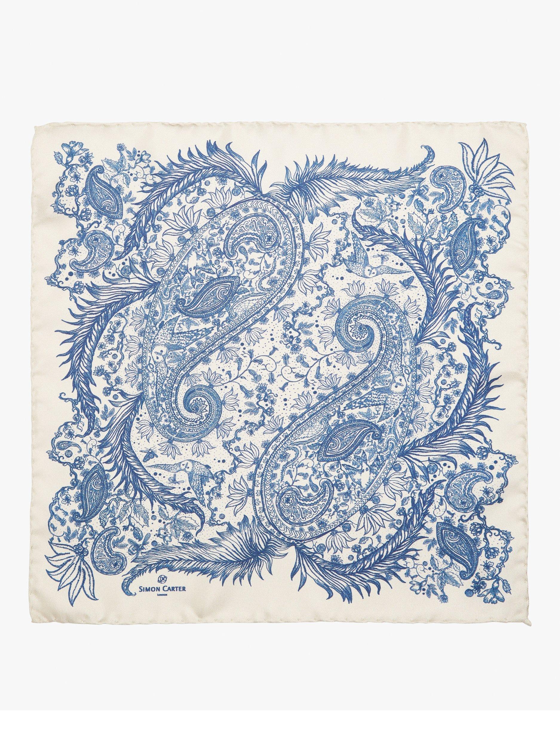 Product image 2 of 2, which shows Simon Carter Silk Paisley Pocket Square, Cream Blue