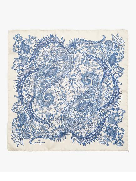 Simon Carter Silk Paisley Pocket Square, Cream Blue - view 2, Cream Blue