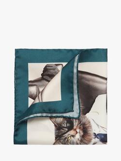 Simon Carter Silk Evil Cat Pocket Square, Blue Multi, Blue Multi