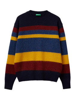 Benetton Brushed Wool Striped Crew Neck Jumper, Blue/Multi, Blue/Multi