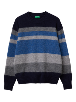 Benetton Striped Crew Neck Wool Jumper, Blue/Multi, Blue/Multi