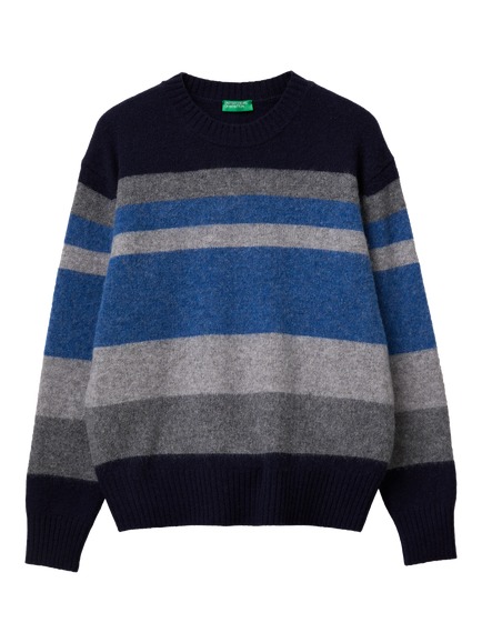 Benetton Striped Crew Neck Wool Jumper, Blue/Multi, Blue/Multi