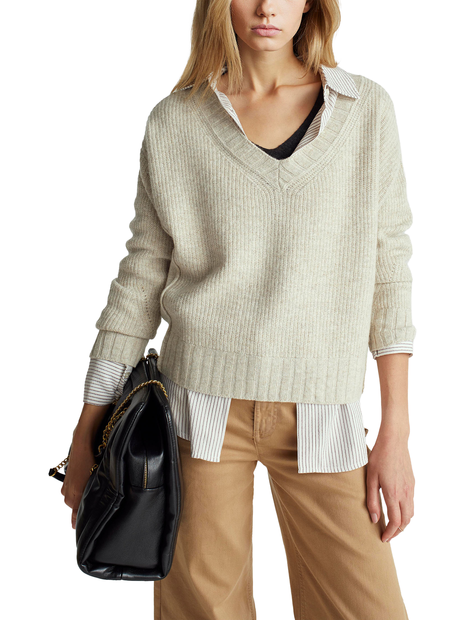 Product image 1 of 6, which shows Benetton V-Neck Boxy Wool Blend Jumper, Beige, XS