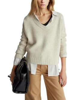 Benetton V-Neck Boxy Wool Blend Jumper, Beige, Beige