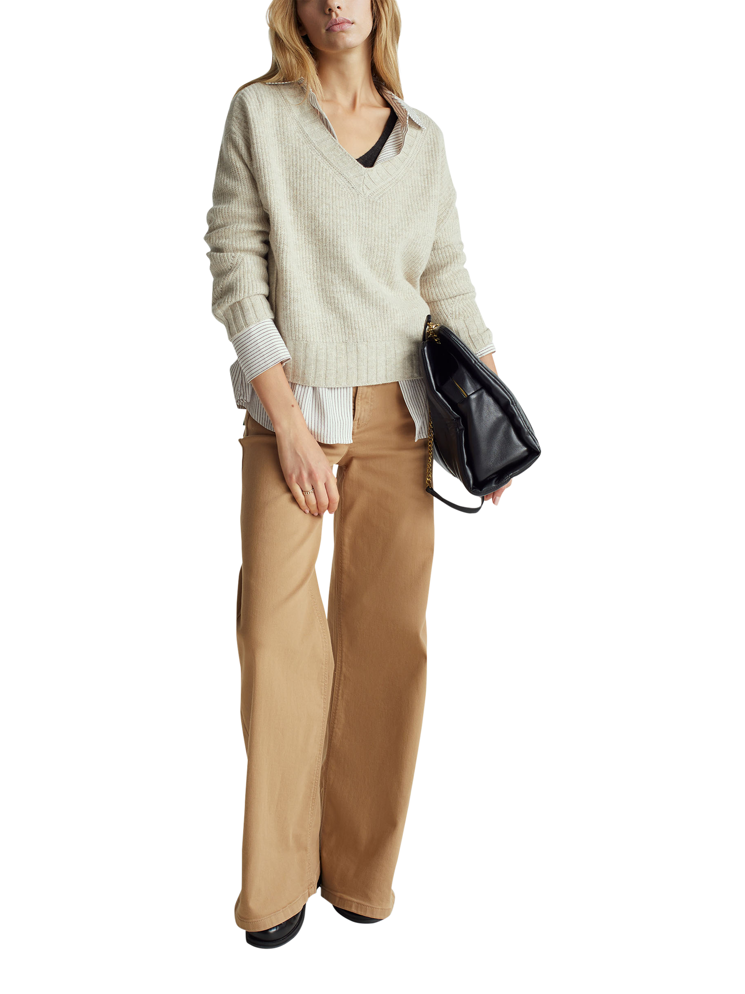 Product image 3 of 6, which shows Benetton V-Neck Boxy Wool Blend Jumper, Beige, XS