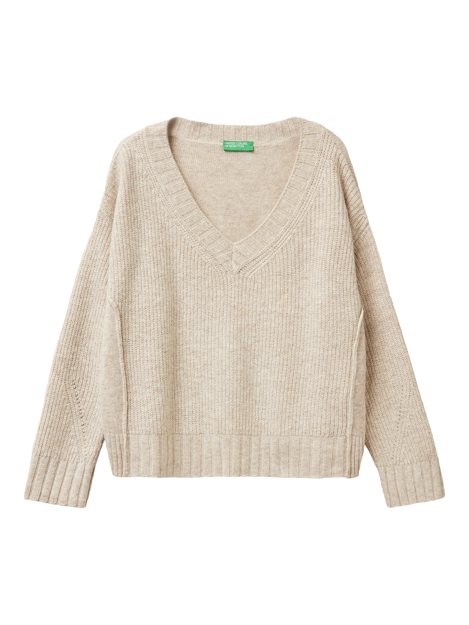 Product image 4 of 6, which shows Benetton V-Neck Boxy Wool Blend Jumper, Beige, XS