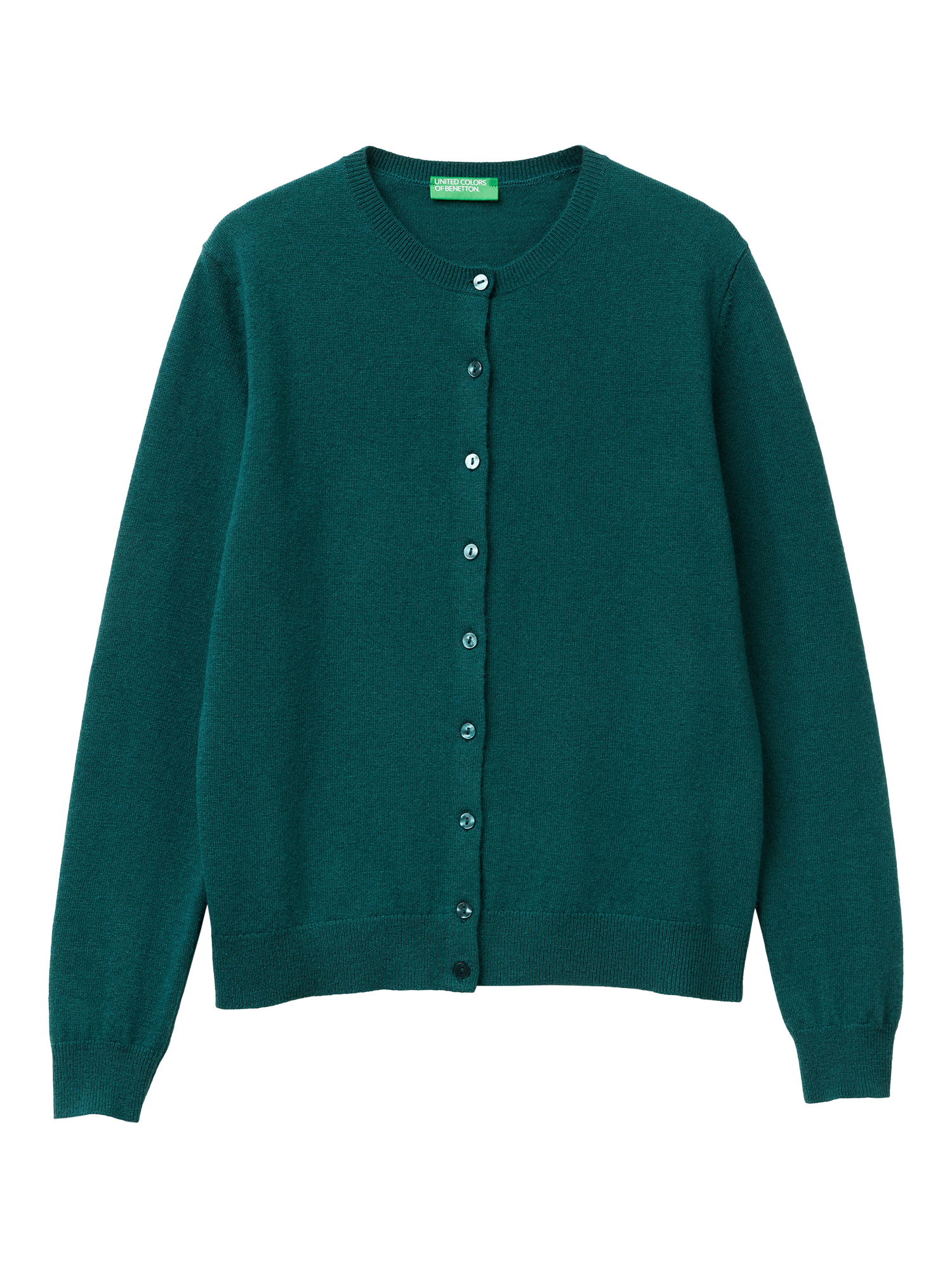 Product image 1 of 3, which shows Benetton Crew Neck Pure Wool Cardigan, Green, S