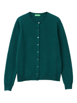 Benetton Crew Neck Pure Wool Cardigan, Green, Green