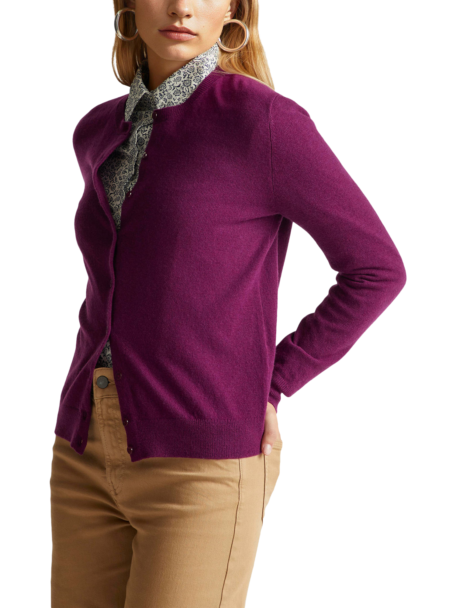 Product image 1 of 6, which shows Benetton Korean Crew Neck Pure Wool Cardigan, Violet, S