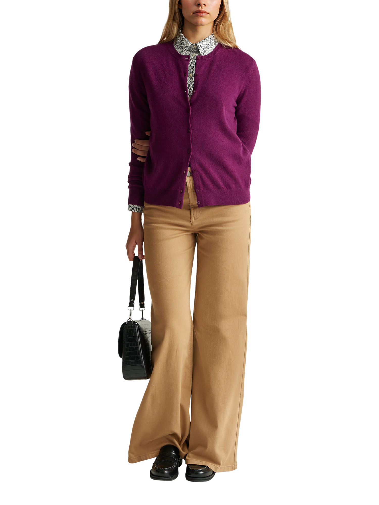 Product image 3 of 6, which shows Benetton Korean Crew Neck Pure Wool Cardigan, Violet, S