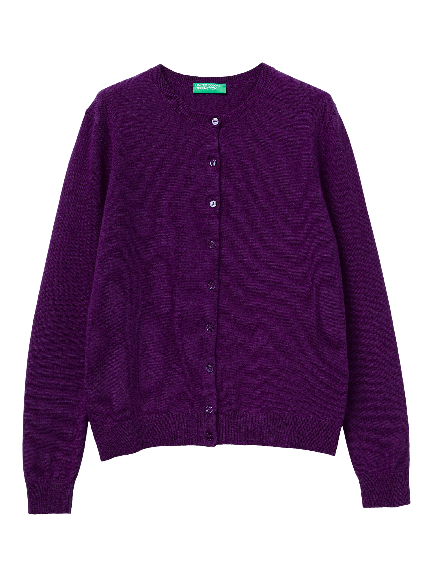 Product image 4 of 6, which shows Benetton Korean Crew Neck Pure Wool Cardigan, Violet, S