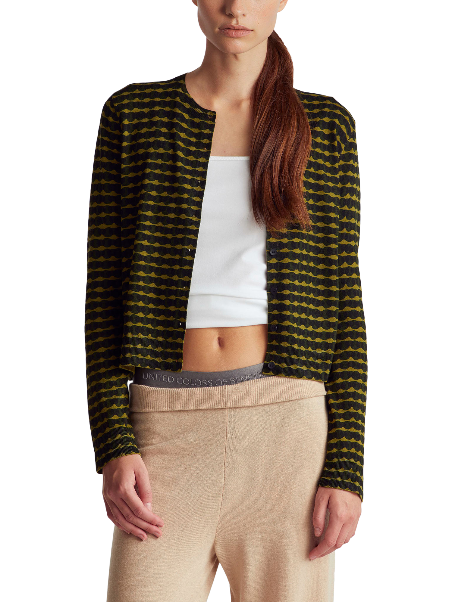 Product image 1 of 6, which shows Benetton Korean Wavy Stripe Cardigan, Green, S