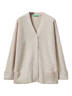Benetton V-Neck Relaxed Fit Wool Blend Cardigan, Beige, Beige