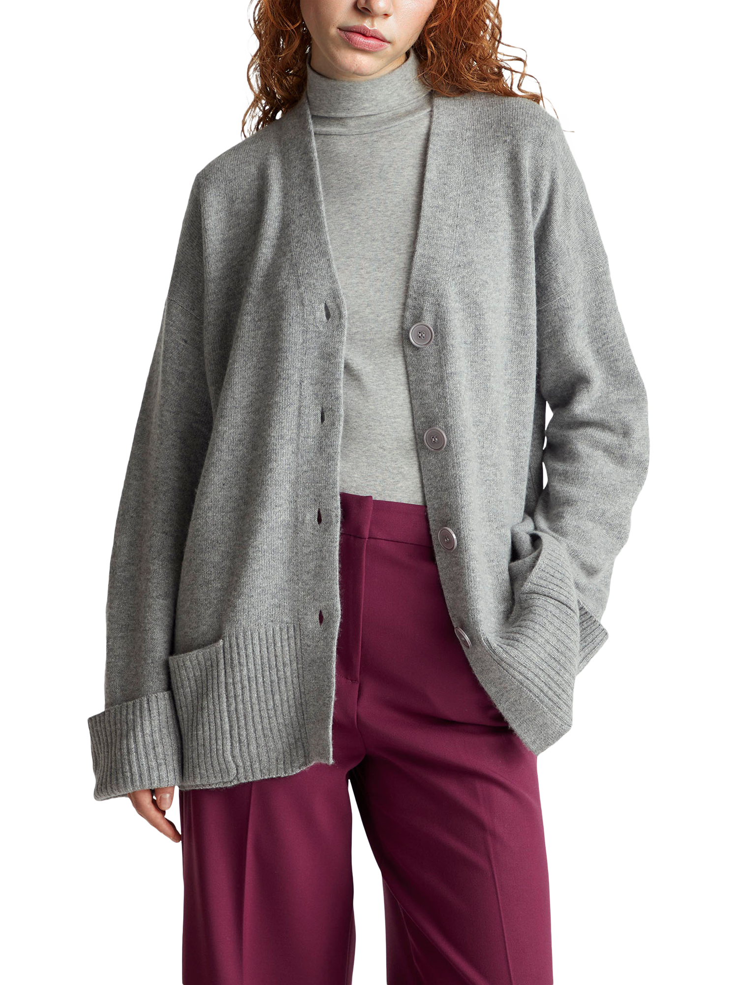 Product image 1 of 6, which shows Benetton V-Neck Relaxed Fit Wool Blend Cardigan, Grey, S
