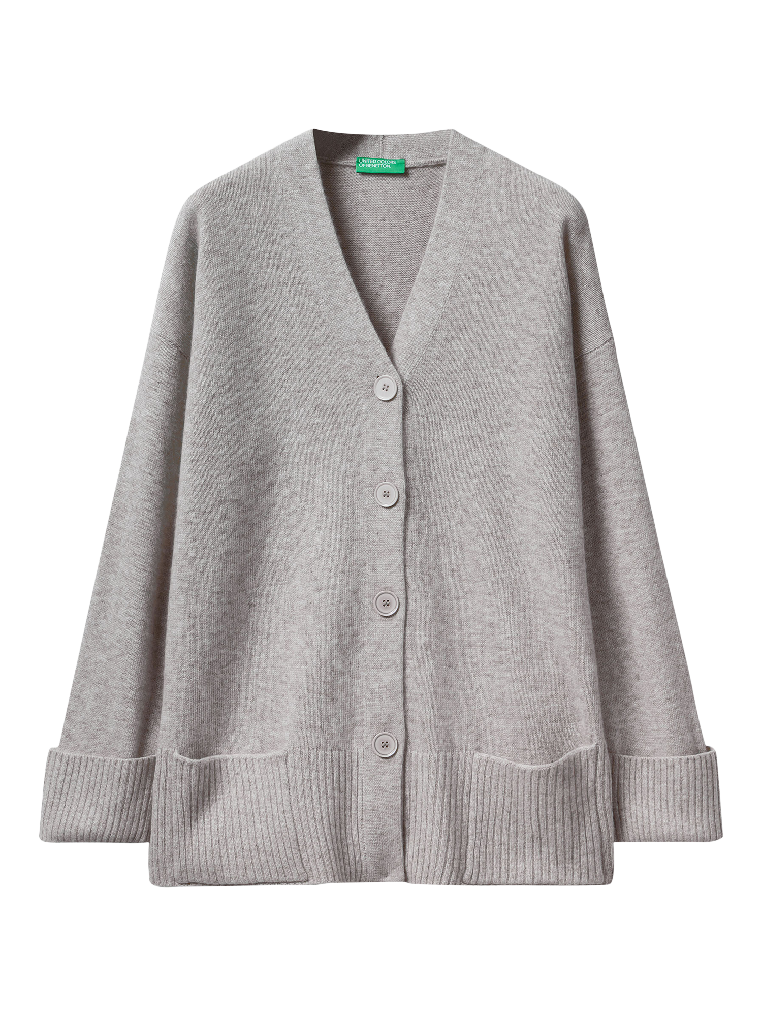 Product image 4 of 6, which shows Benetton V-Neck Relaxed Fit Wool Blend Cardigan, Grey, S