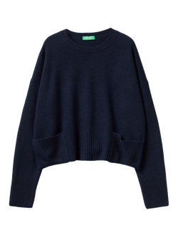 Benetton Crew Neck Wool Blend Jumper, Blue, Blue