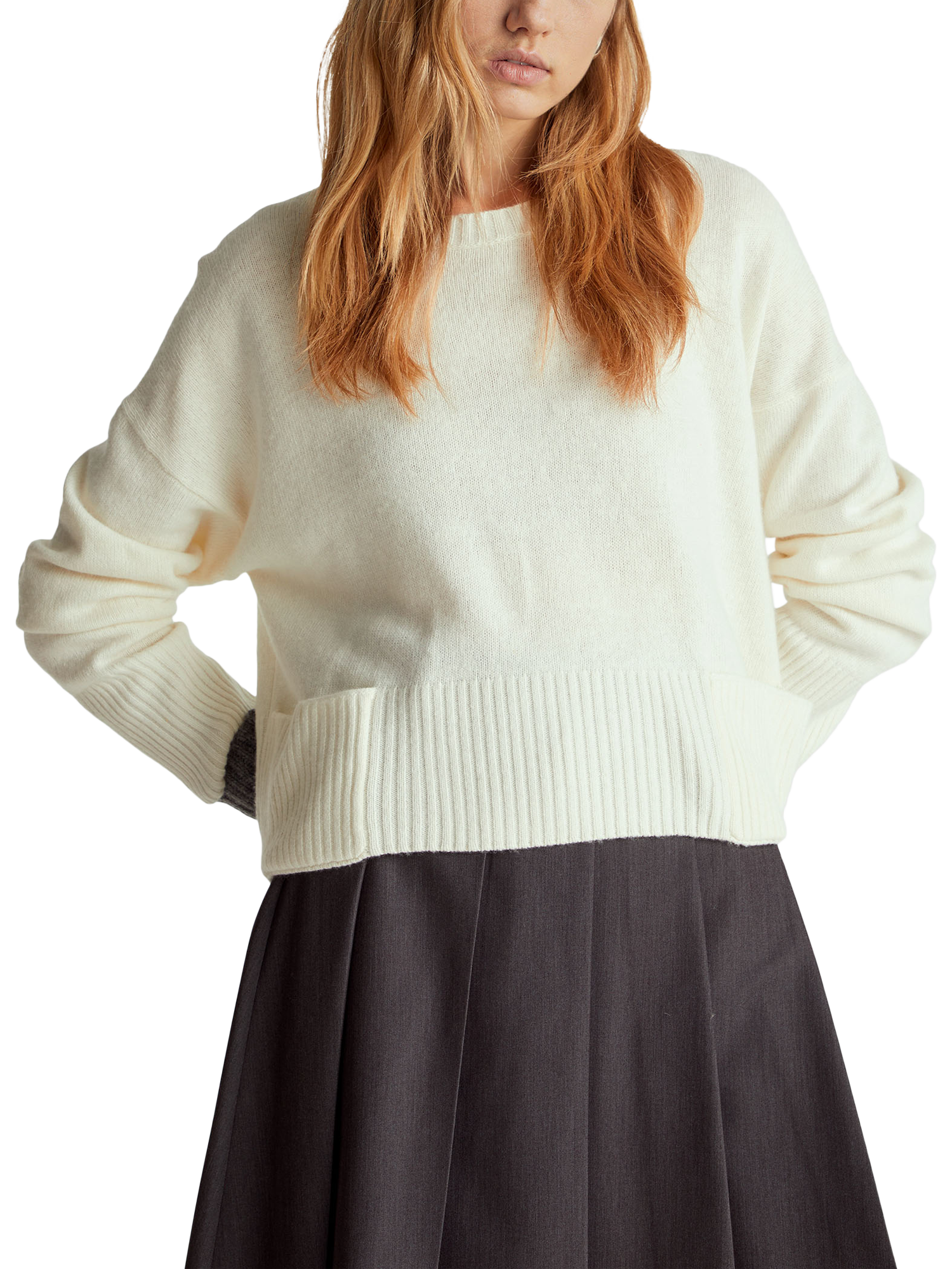 Product image 1 of 6, which shows Benetton Crew Neck Relaxed Fit Wool Blend Jumper, Cream, XS