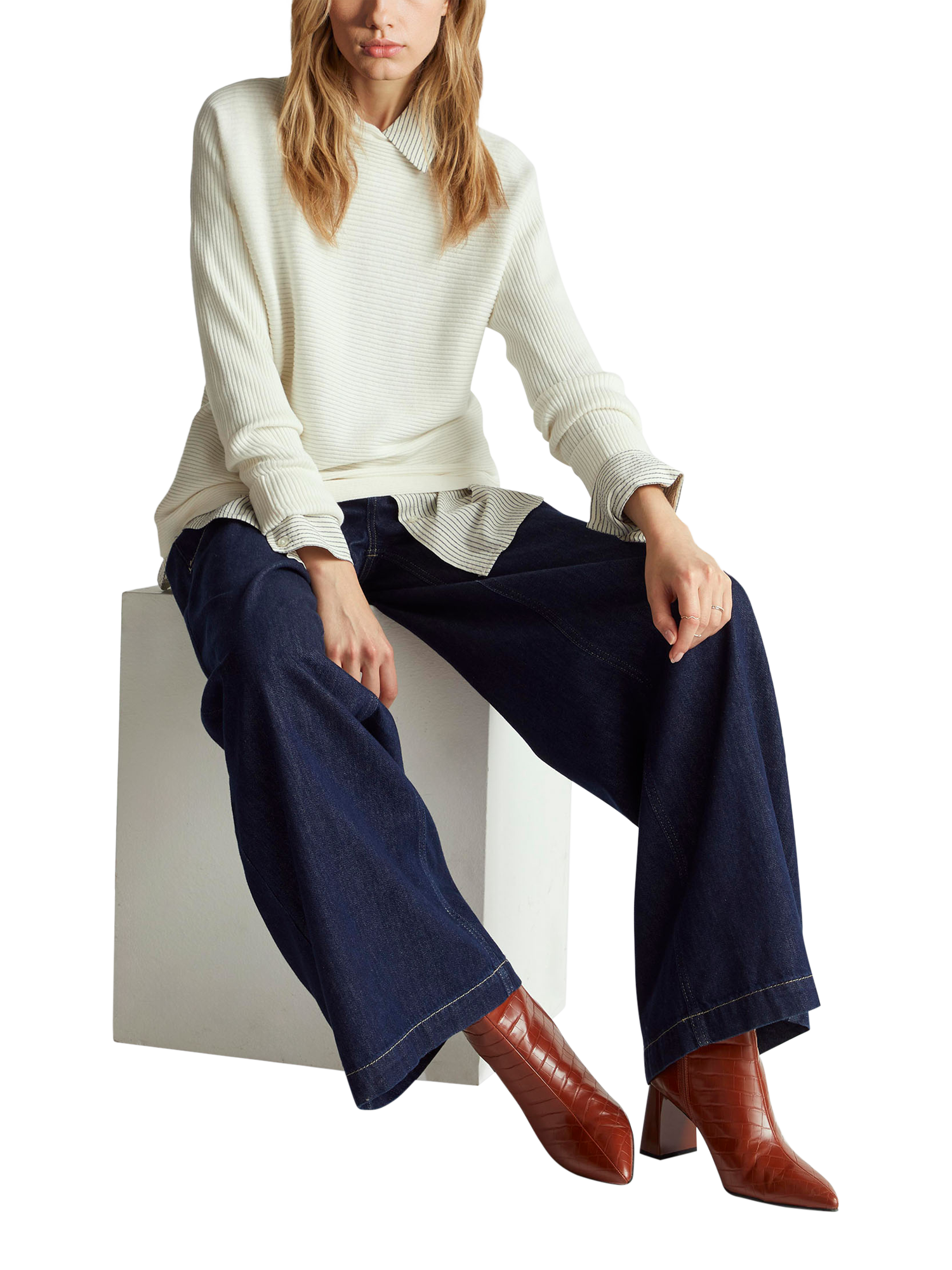 Product image 3 of 6, which shows Benetton Boat Neck Ribbed Jumper, White, XS