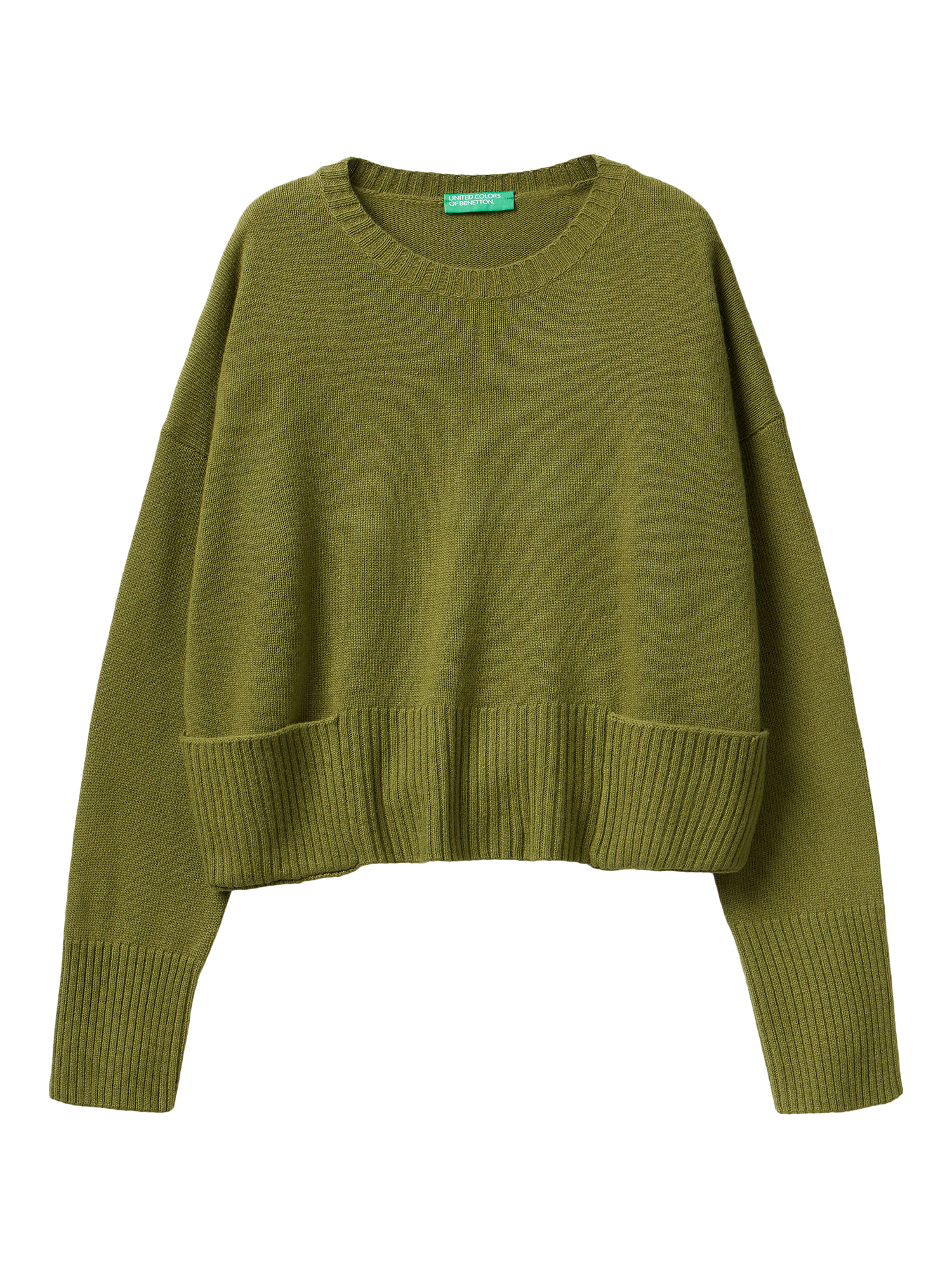 Product image 1 of 3, which shows Benetton Crew Neck Relaxed Fit Wool Blend Jumper, Green, XS
