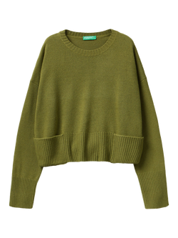 Benetton Crew Neck Relaxed Fit Wool Blend Jumper, Green