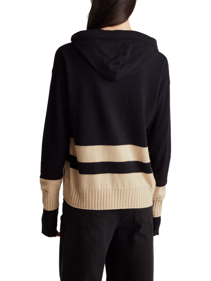 Benetton Stripe Hem Knitted Hoodie, Black - view 2, Black