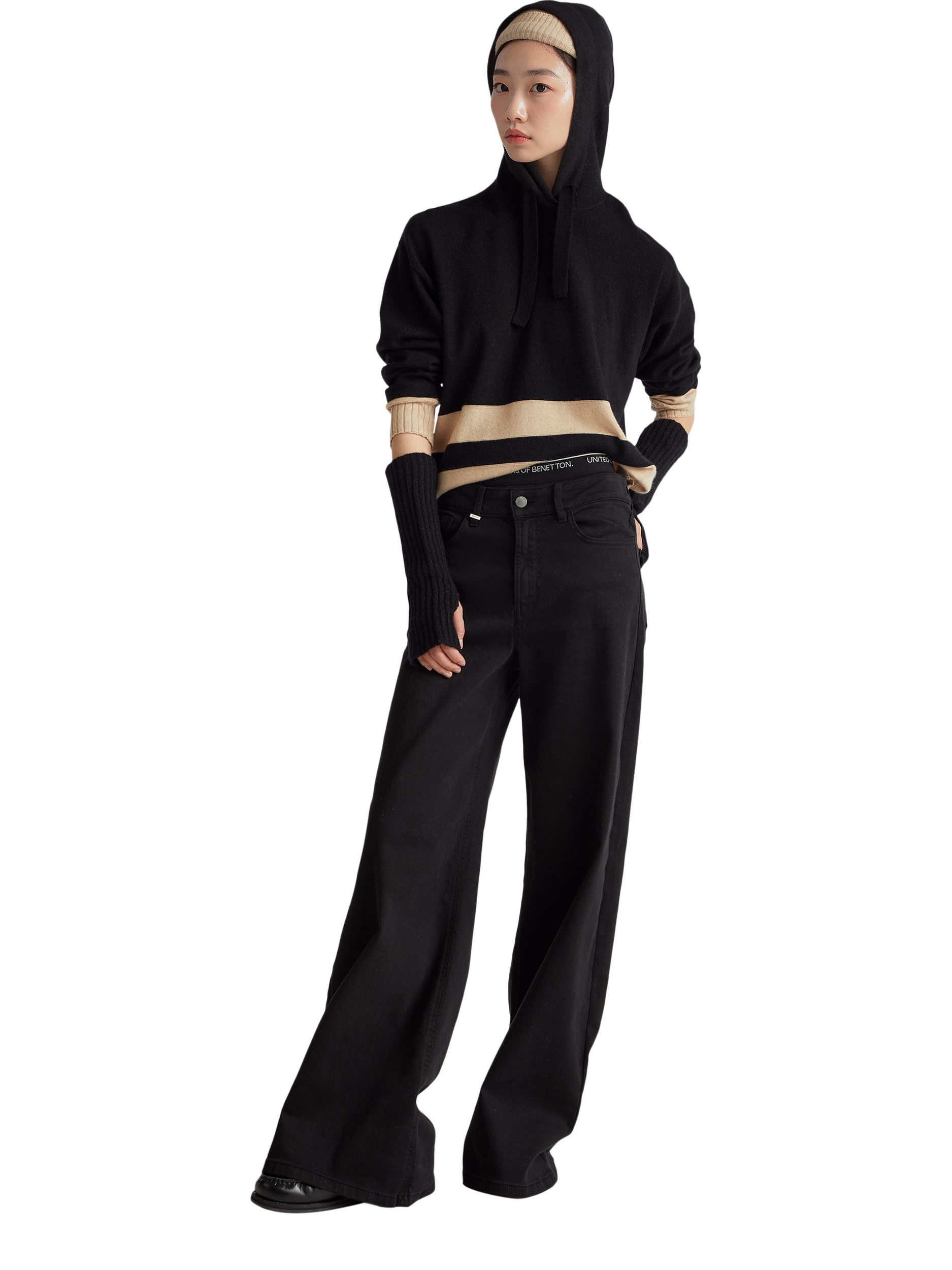 Product image 3 of 6, which shows Benetton Stripe Hem Knitted Hoodie, Black, XS