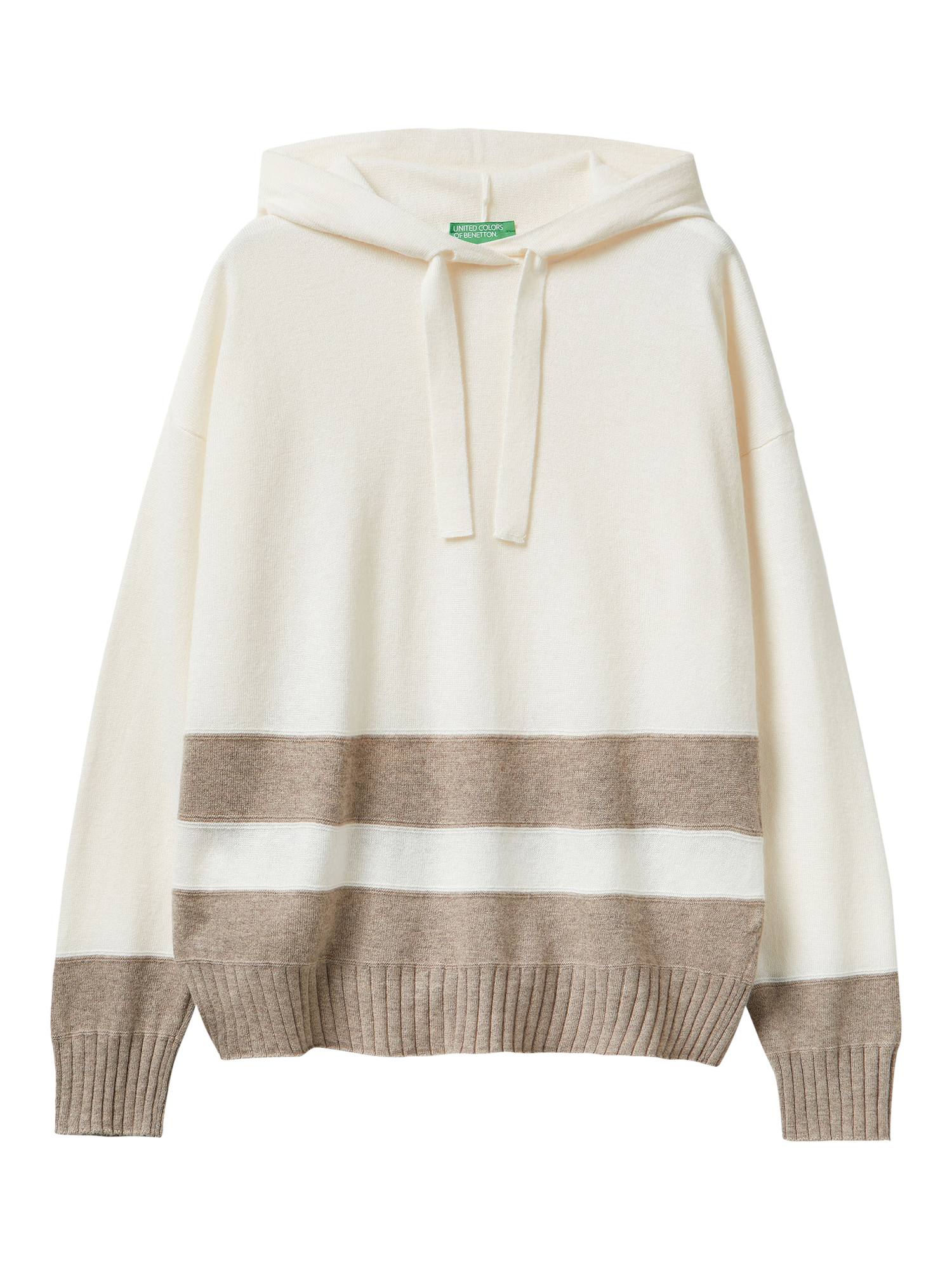Product image 1 of 3, which shows Benetton Stripe Hem Knitted Hoodie, Cream, XS