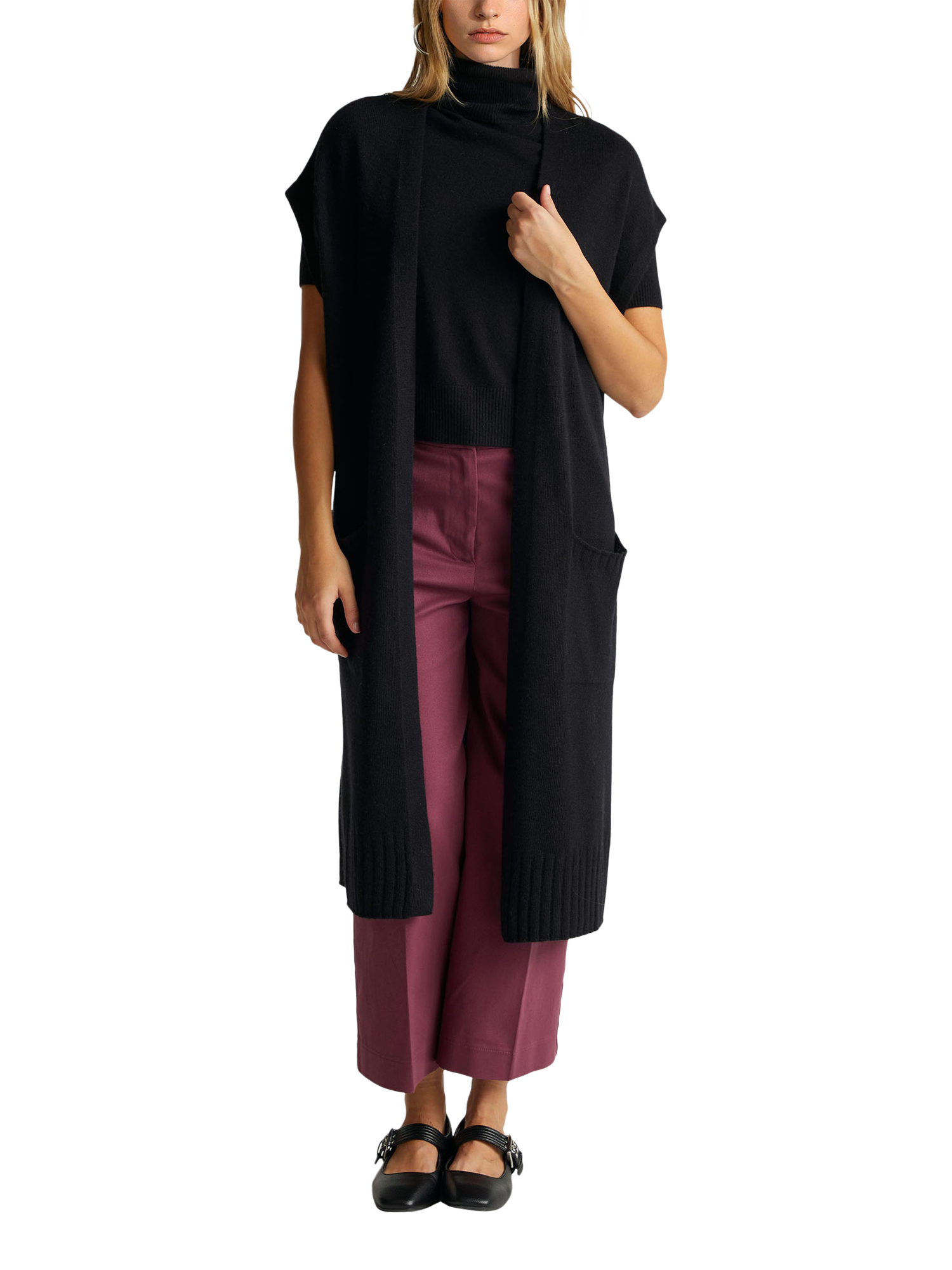 Product image 1 of 6, which shows Benetton Open Neck Sleeveless Longline Cardigan, Black, S