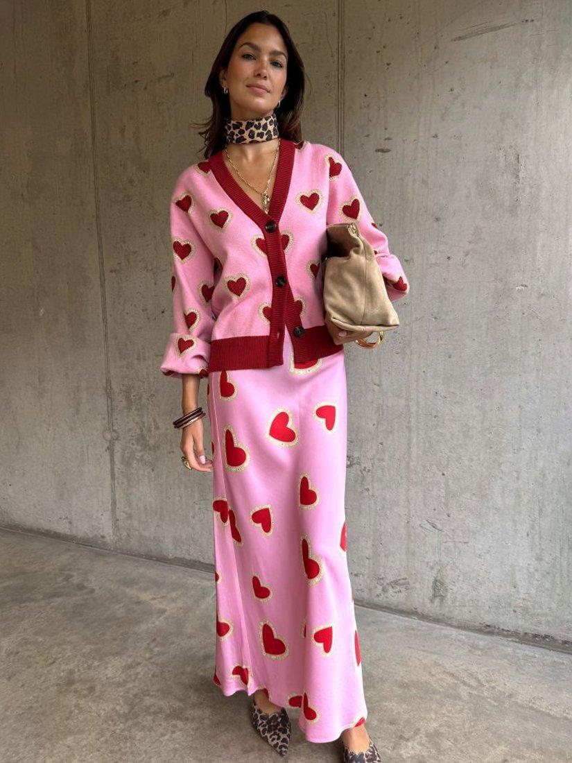 Product image 1 of 3, which shows Never Fully Dressed V-Neck Hearts Knit Cardigan, Pink/Red, XS