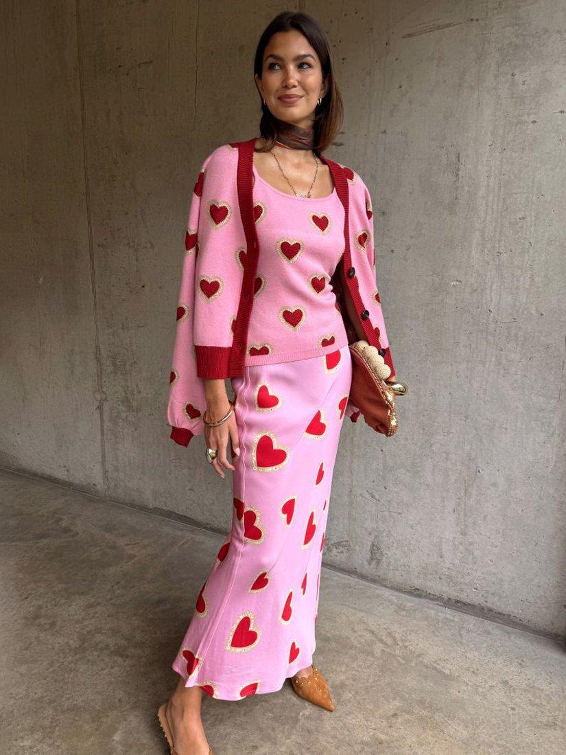 Product image 2 of 3, which shows Never Fully Dressed V-Neck Hearts Knit Cardigan, Pink/Red, XS