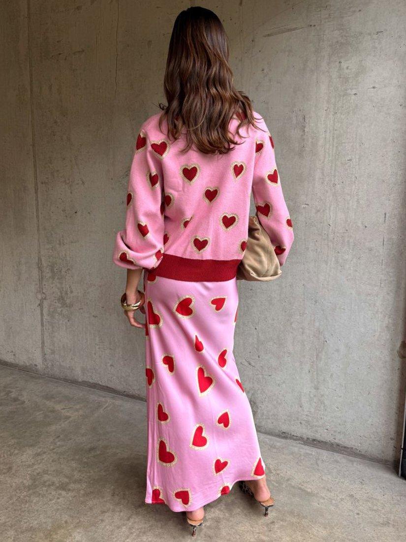 Product image 3 of 3, which shows Never Fully Dressed V-Neck Hearts Knit Cardigan, Pink/Red, XS