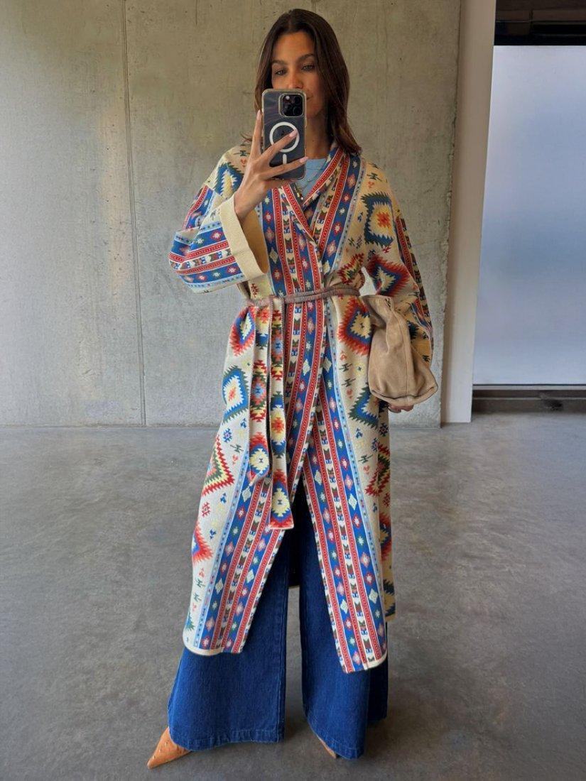 Product image 1 of 5, which shows Never Fully Dressed Bridget Ikat Longline Cardigan, Multi, XS