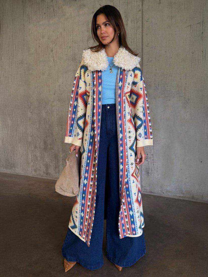 Product image 2 of 5, which shows Never Fully Dressed Bridget Ikat Longline Cardigan, Multi, XS