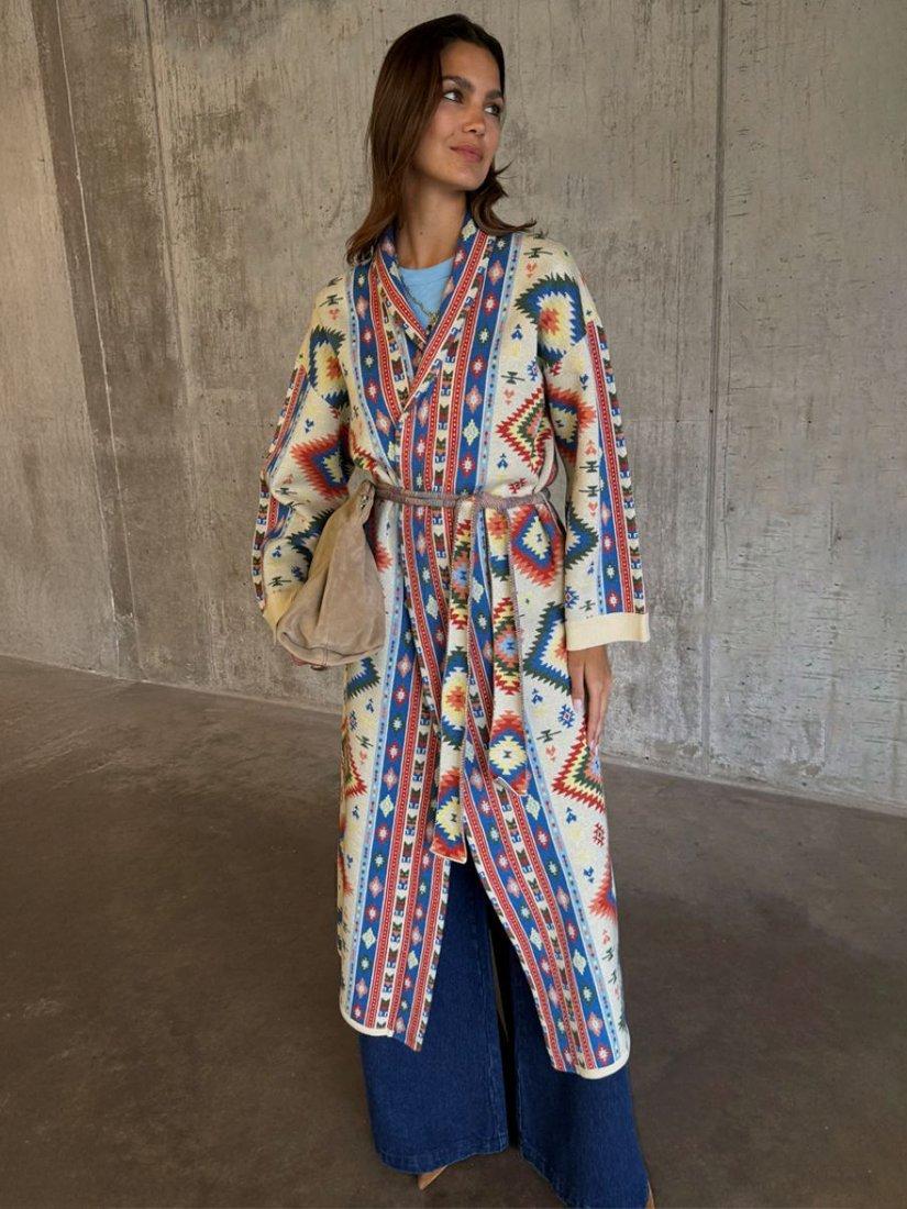 Product image 4 of 5, which shows Never Fully Dressed Bridget Ikat Longline Cardigan, Multi, XS