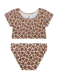 Swim Essentials Kids' Short Sleeve Bikini Set, Brown Floral - view 2, Brown Floral
