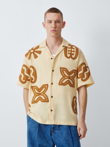 John Lewis x LABRUM Linen Blend Regular Fit Embroidered Symbols Shirt, Yellow, Yellow