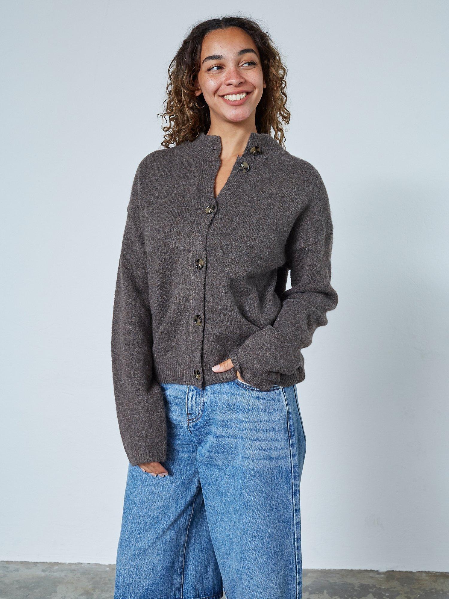 Product image 1 of 5, which shows Sisters Point Luca Crew Neck Cardigan, Brown, XS