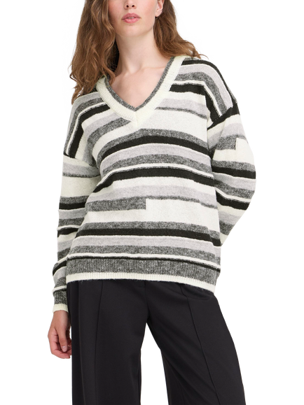 ICHI Astra V-Neck Stripe Jumper, Grey/Multi, Grey/Multi