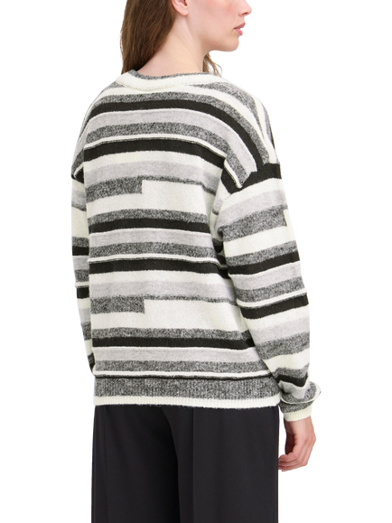 ICHI Astra V-Neck Stripe Jumper, Grey/Multi - view 2, Grey/Multi