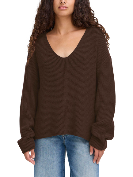 ICHI Chana V-Neck Jumper, Coffee Bean