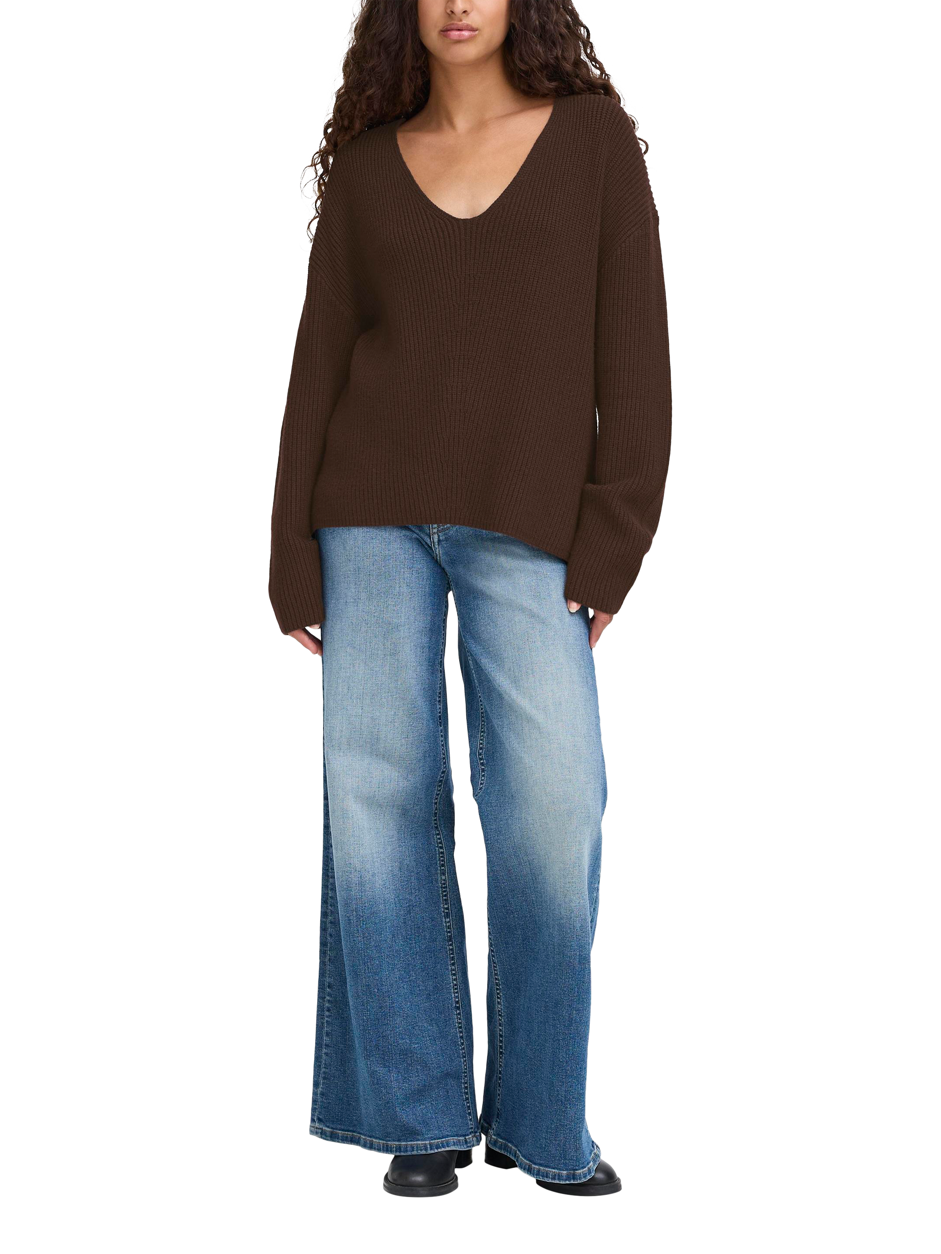 Product image 3 of 7, which shows ICHI Chana V-Neck Jumper, Coffee Bean, XS