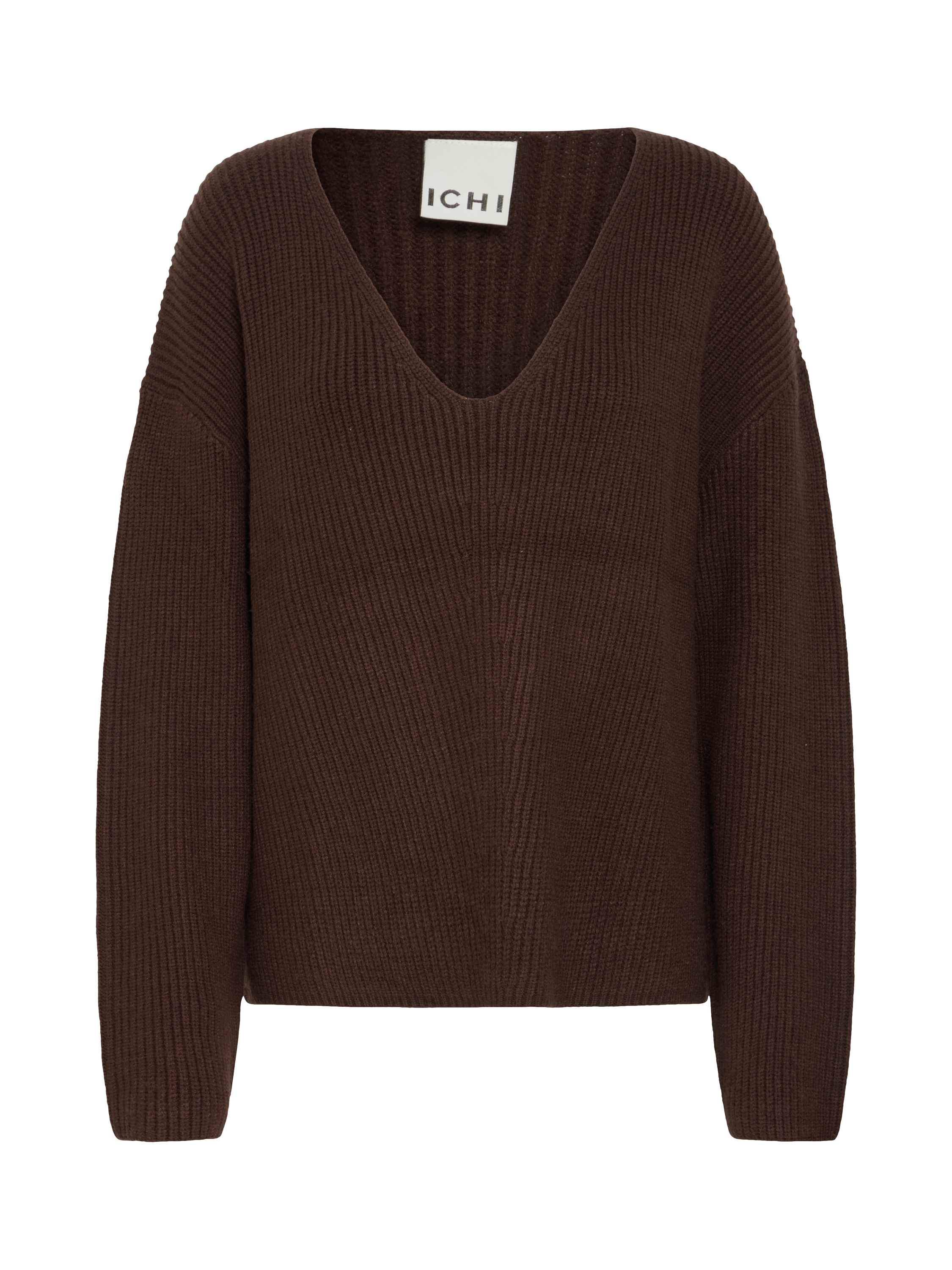 Product image 5 of 7, which shows ICHI Chana V-Neck Jumper, Coffee Bean, XS