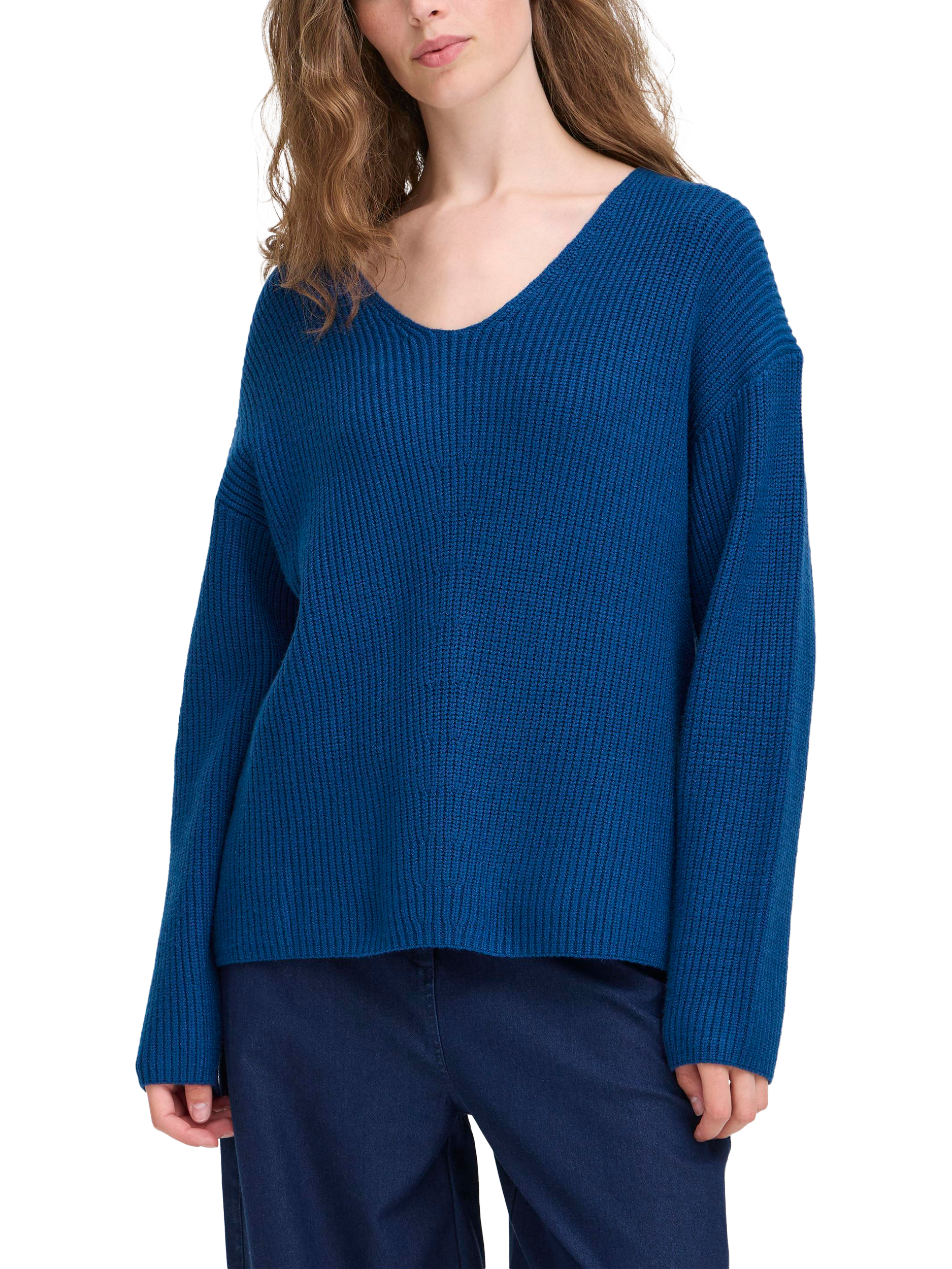 Product image 1 of 6, which shows ICHI Chana V-Neck Jumper, Navy Peony, XS