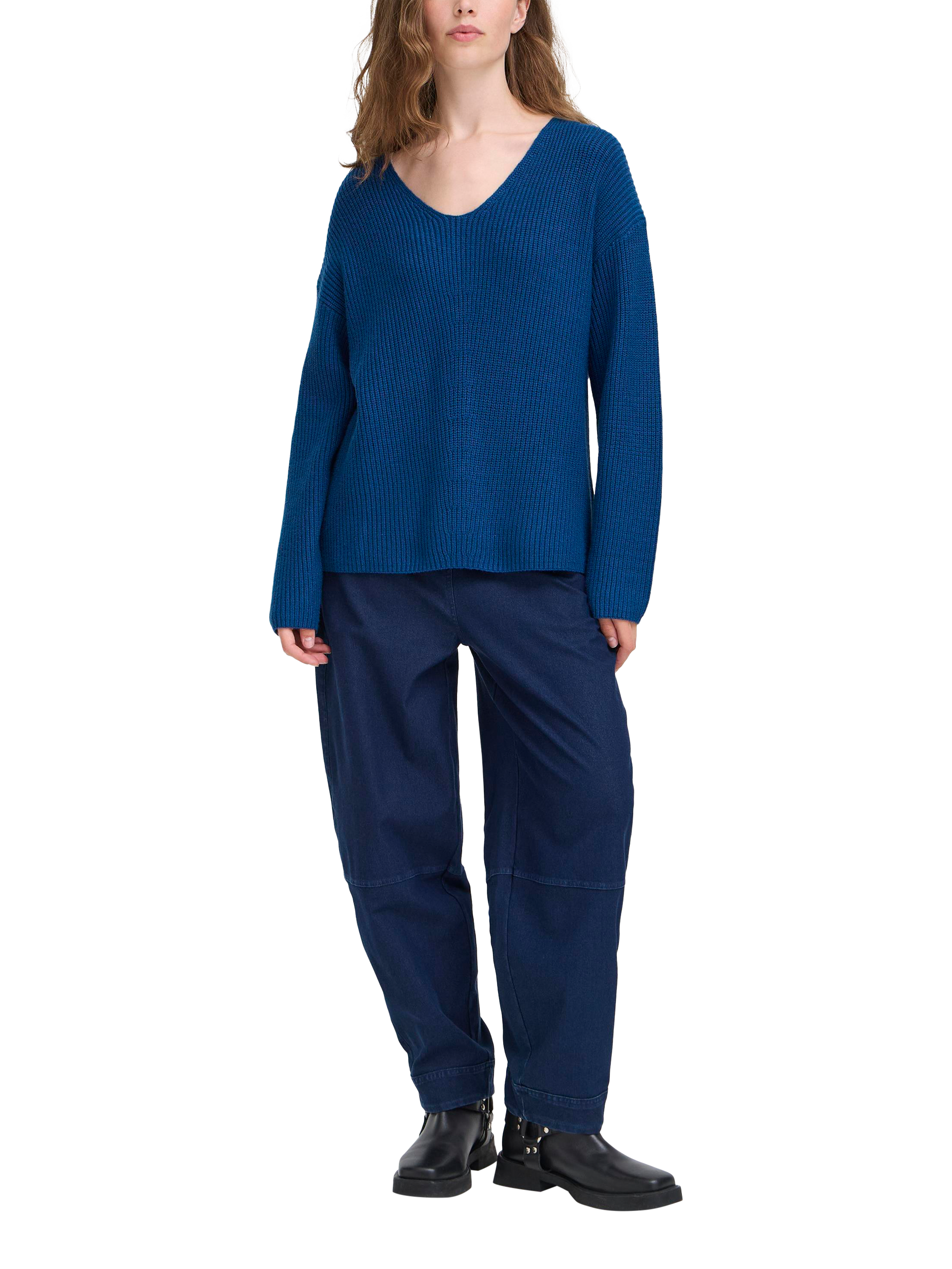 Product image 3 of 6, which shows ICHI Chana V-Neck Jumper, Navy Peony, XS