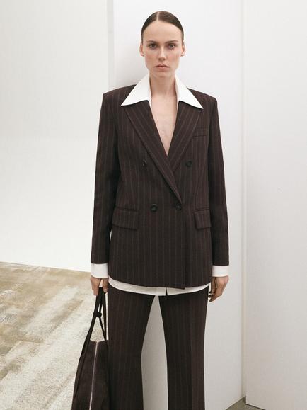 Mango Rise Pinstripe Double Breasted Blazer, Brown, Brown