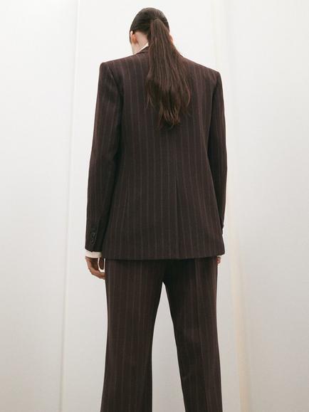 Mango Rise Pinstripe Double Breasted Blazer, Brown - view 2, Brown