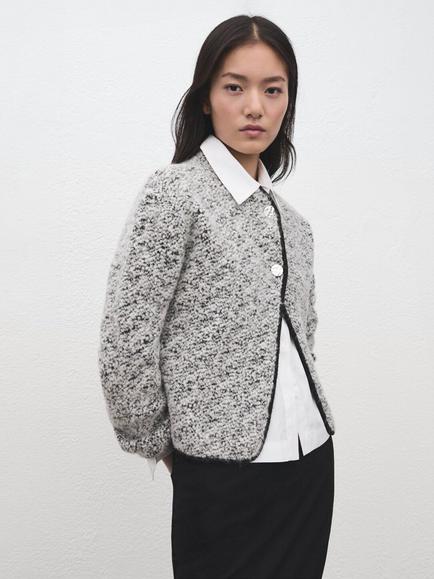 Mango Javi Flecked Chunky Knit Jacket, Black, Black