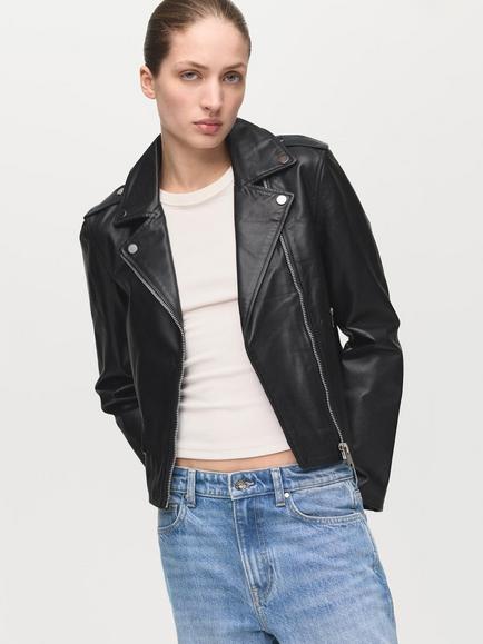 Mango Perfect Pure Leather Biker Jacket, Black, Black