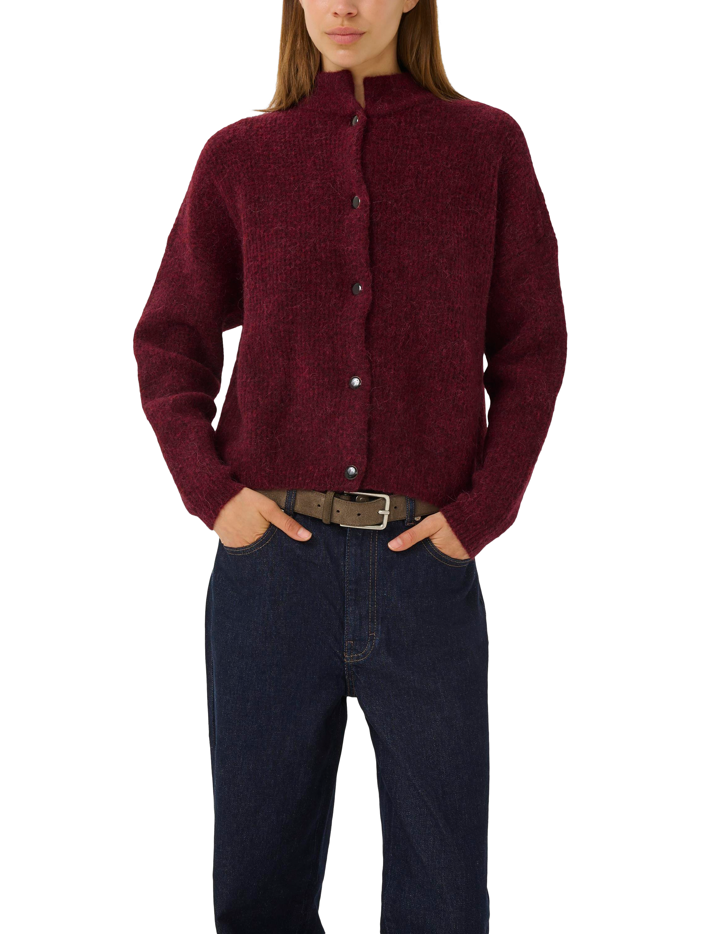 Product image 1 of 6, which shows Gestuz Alpha Wool Rich Cardigan, Blood Red Mélange, M