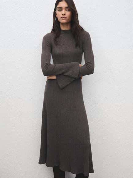 Mango Topaz Bell Sleeve Knitted Dress, Medium Brown, Medium Brown